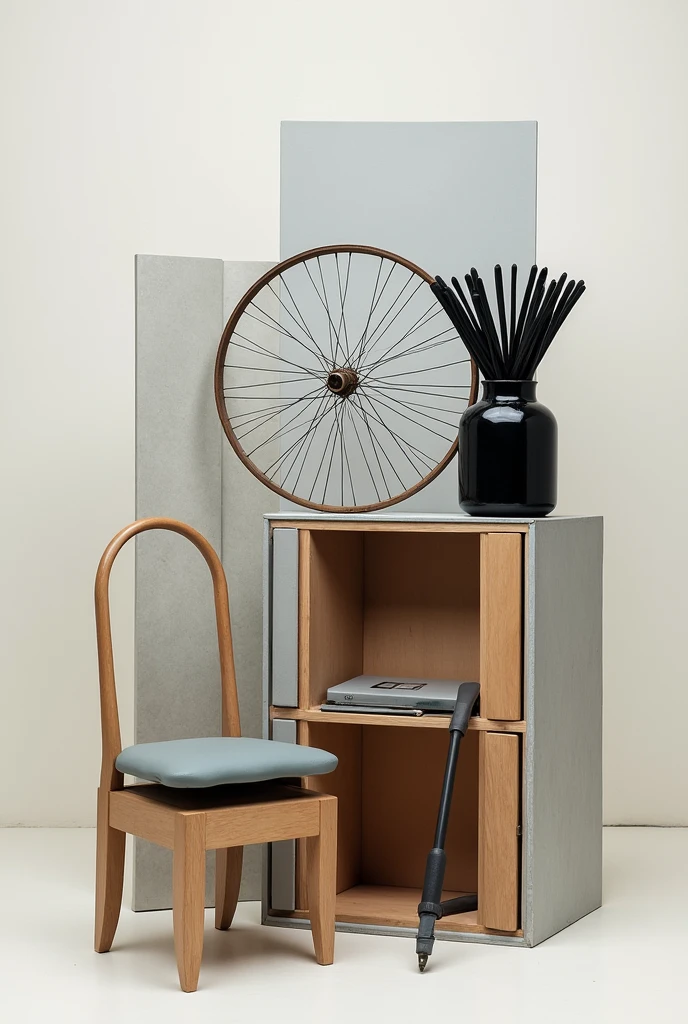 Create abstract art with these materials: chair with no place to sit, cabinet without door, 10 black pens and 1 bicycle wheel 