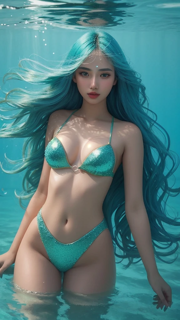 A young woman with voluminous hair in shades of blue and green, rippling like the waters of the ocean. Her hair is adorned with small shells and pearls that shine softly. Your eyes are a sparkling emerald green, with makeup in shades of blue and gold that recalls the depths of the sea. Your skin has a pearly glow, as if reflecting the light of the water. Ao fundo, there is a soft texture of corals and seaweed in pastel tones, that complete the underwater environment. 8 k quality, mystical and ethereal style.