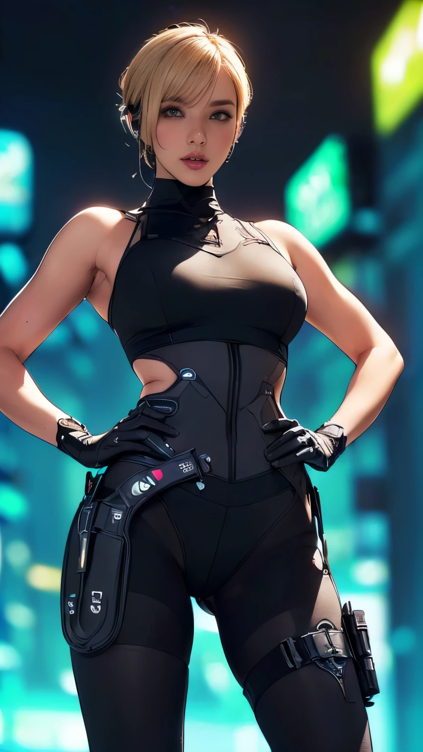(A woman),(((Future female police officer standing))),((Black Tactical Tights:1.5)),((Camel toe:1.5)),((earphone:1.5)),((Tactical Holster:1.5)),(Gloves:1.5),(((Hands on hips:1.5))),(front:1.5),(From below:1.2),(Super short hair:1.5),(Blonde:1.5),(beautiful eyes:1.3),(Very detailedな顔:1.5),((Very detailedな女性の手の描画:1.5)),((muscular:1.5)),(Sexy look:1.5),((Thick thighs:1.5)),(Beautiful Body:1.5),((Very sensual:1.5)),(The backdrop is a futuristic city:1.5),(Cyberpunk atmosphere:1.5),(((Blurred background:1.5))),(Written border depth:1.5),rest(((masterpiece:1.5),(best quality:1.5),(Very detailed:1.5),(high resolution:1.5),(Practical:1.5),(Practical:1.5),(Delicate depiction),(carefully drawn))),8K,wallpaper