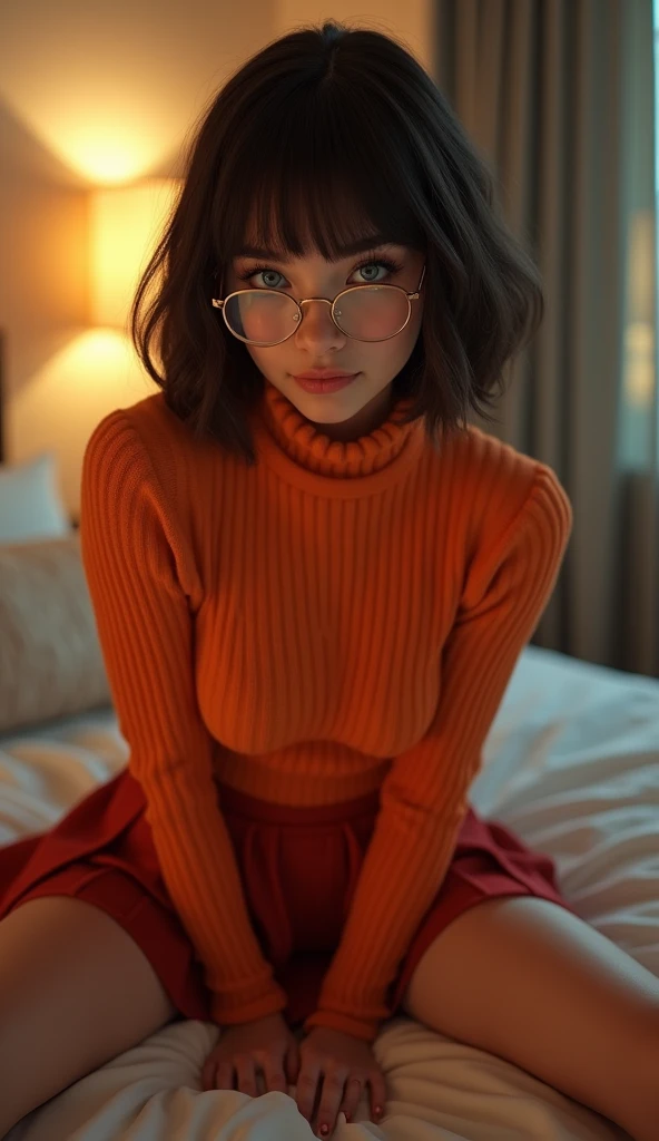 HD, 8k quality, masterpiece, Velma, dream girl huge , beautiful face, kissing lips, short bob hairstyle, long bangs, perfect makeup, realistic face, detailed eyes, blue eyes, brunette hair, eyelashes, smile grin, bedroom, sitting on bed, showing cameltoe, eyes at viewer, orange knitted turtle neck sweater, clear lens glasses, red school girl skirt, view from below,