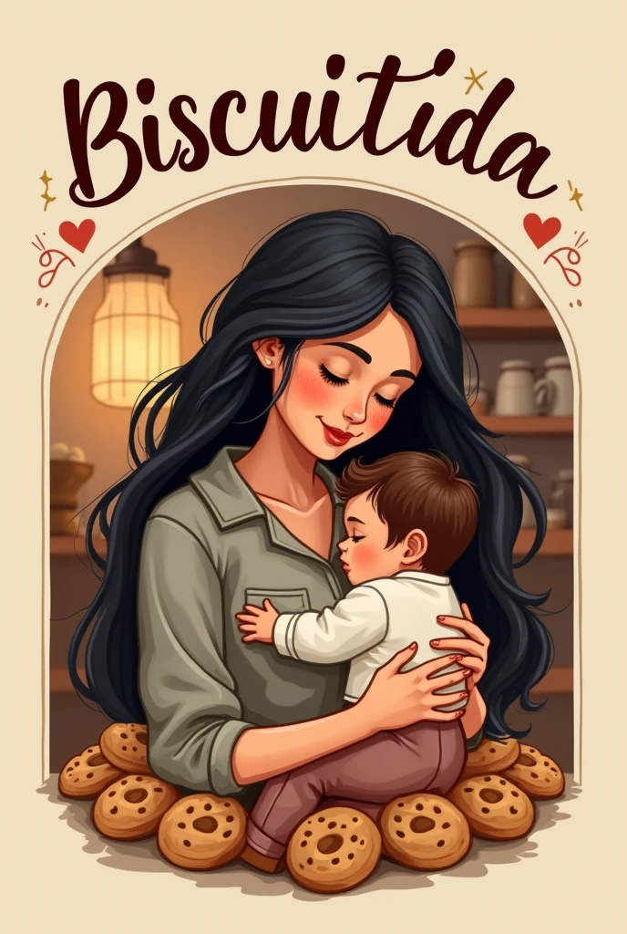 Biscuit shop logo, a young mother with long black hair with a baby boy on her lap in a cookie shop with the name of the shop written at the top in Portuguese sweet mother in large