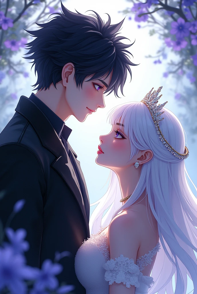 Generate a handsome boy, spiky black hair, eyes coming out violet power wearing a black jacket , light smile in front of a girl shorter than him , white, white  hair, wearing a white dress with a crystal clear eye veil and a crystal tiara