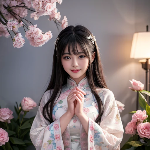 best quality, Delicate face,beautiful visual work, lifelike, eternity, black hair, Long curly hair, blunt bangs, Smile, In the flower garden, flower, Detailed Background, Delicate face,pink blush,cold,((masterpiece))、(top quality)、8k、high detail、Super detailed,21 years old female,Wearing Chinese cheongsam、Seductive and whimsical style、masterpiece、born、Scenes resembling fairy tale illustrations、Intricate details and complex designs、Beautifully、magic、capricious、 Beautifully、Dream aesthetics、「𝓡𝓸𝓶𝓪𝓷𝓽𝓲𝓬、ethereal、charming、fickle、magic」、Realism、Visual effects、FXAA、SSAO、Shaders、voiceless、ambient lighting、Tone mapping、High resolution、Ultra high quality、Million pixels、(8K resolution:1.10)、8k、Below 8K、8K resolution、high detail、intricate details, (high quality:1.2、masterpiece:1.2、:1.21)、(21 years old female:1.21)、(Smile excitedly)、(Surrounded by the dreamy atmosphere、Model diagram,full-body shot,Normal 2 feet,Don't show your fingers