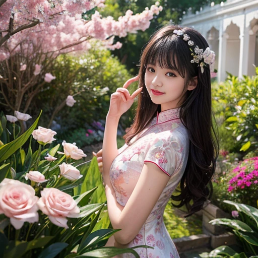best quality, Delicate face，beautiful visual work, lifelike,  eternity, black hair, Long curly hair, blunt bangs, Smile, In the flower garden, flower, Detailed Background,  Delicate face，pink blush，cold，((masterpiece))、(top quality)、8k、high detail、Super detailed，21 years old female，Wearing Chinese cheongsam、Seductive and whimsical style、masterpiece、born、Scenes resembling fairy tale illustrations、Intricate details and complex designs、Beautifully、magic、capricious、 Beautifully、Dream aesthetics、「𝓡𝓸𝓶𝓪𝓷𝓽𝓲𝓬、ethereal、charming、fickle、magic」、Realism、Visual effects、FXAA、SSAO、Shaders、voiceless、ambient lighting、Tone mapping、High resolution、Ultra high quality、Million pixels、(8K resolution:1.10)、8k、Below 8K、8K resolution、high detail、intricate details， (high quality:1.2、masterpiece:1.2、:1.21)、(21 years old female:1.21)、(Smile excitedly)、(Surrounded by the dreamy atmosphere、Model diagram，full-body shot，Normal 2 feet，Don't show your fingers