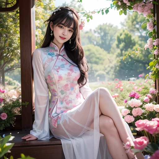 best quality, Delicate face,beautiful visual work, lifelike, eternity, black hair, Long curly hair, blunt bangs, Smile, In the flower garden, flower, Detailed Background, Delicate face,pink blush,cold,((masterpiece))、(top quality)、8k、high detail、Super detailed,21 years old female,Wearing Chinese cheongsam、Seductive and whimsical style、masterpiece、born、Scenes resembling fairy tale illustrations、Intricate details and complex designs、Beautifully、magic、capricious、 Beautifully、Dream aesthetics、「𝓡𝓸𝓶𝓪𝓷𝓽𝓲𝓬、ethereal、charming、fickle、magic」、Realism、Visual effects、FXAA、SSAO、Shaders、voiceless、ambient lighting、Tone mapping、High resolution、Ultra high quality、Million pixels、(8K resolution:1.10)、8k、Below 8K、8K resolution、high detail、intricate details, (high quality:1.2、masterpiece:1.2、:1.21)、(21 years old female:1.21)、(Smile excitedly)、(Surrounded by the dreamy atmosphere、Model diagram,full-body shot,Normal 2 feet,Don't show your fingers