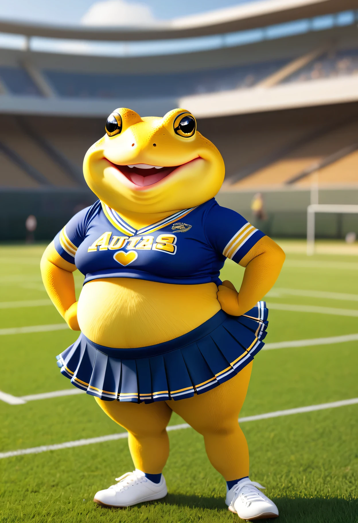 photorealistic portrait of Dressed animals - a ((fat)) yellow (toad) cheerleader,(full body image from head to toe:2.0), (hands on hips:2.0),(standing), (happy smile:1.2),high quality,(lovely) , highly detailed cute  top with team logo ,intricate detailed  short pleated skirt, highly detailed ((cheerleader's costume)) ,(highly detailed sox and sneakers),, (happy), natural lighting,, grass sports field background,