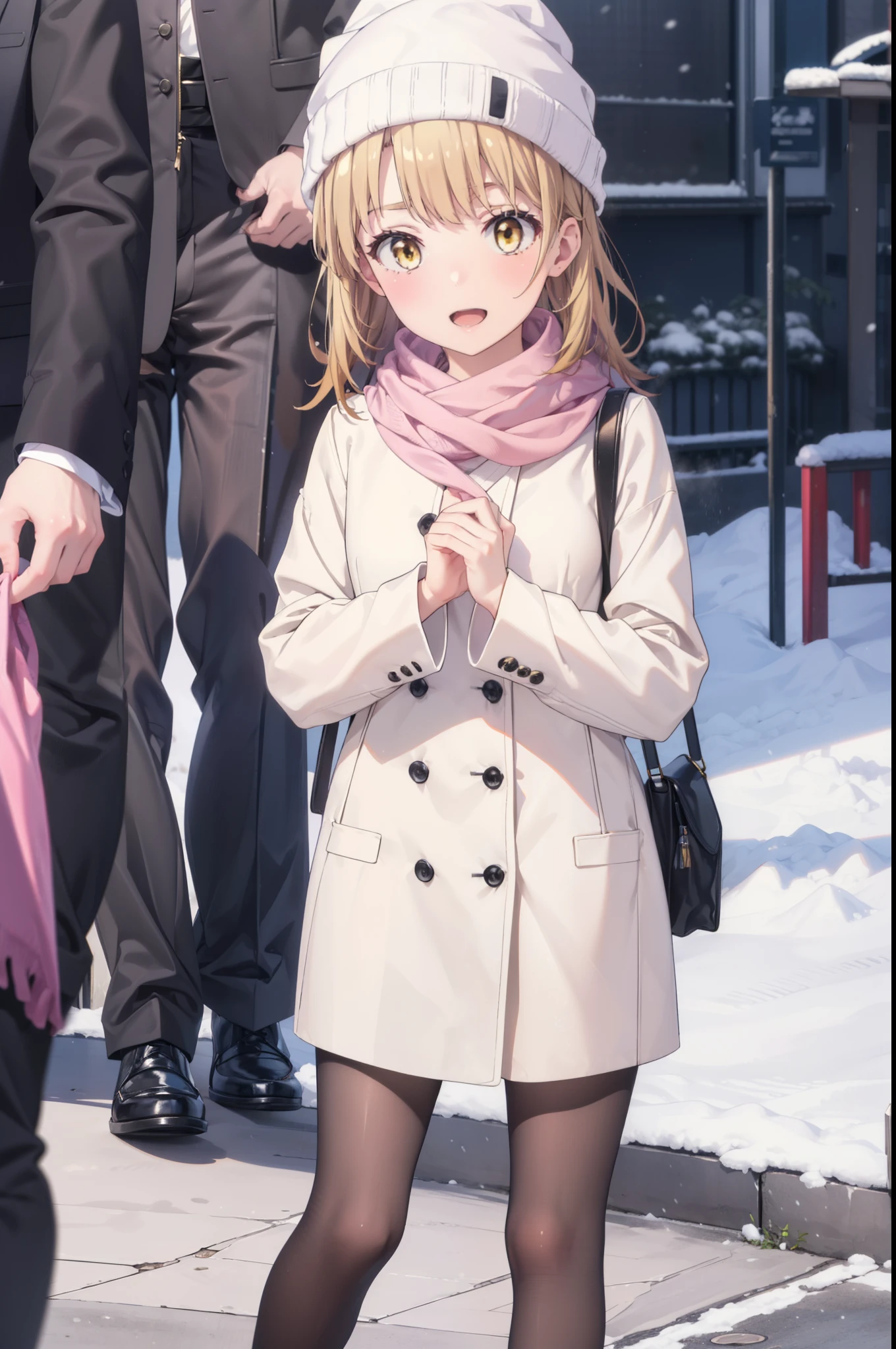 Irohaisshiki, isshiki iroha, Long Hair, Brown Hair, (Brown eyes:1.5), smile,Open your mouth,White Breath,low twin tail,Knitted hat,White scarf,Yellow long coat Open front,Pink v-neck sweater,Short denim,Black pantyhose,short boots,Walking,snowが降っている,snowが積もっている,moon,night,snow,snow,snow,snow,whole bodyがイラストに入るように, break outdoors, Building district,
break looking at viewer,whole body,
break (masterpiece:1.2), Highest quality, High resolution, unity 8k wallpaper, (figure:0.8), (Beautiful attention to detail:1.6), Highly detailed face, Perfect lighting, Highly detailed CG, (Perfect hands, Perfect Anatomy),