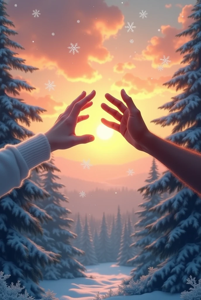 Book cover with TWO hands trying to touch each other in the sky (There is a light sunset behind and several snowflakes falling in the distance, Below is a pine forest full of snow), one hand WHITE and the other hand BROWN, the hands are one on top of the other (the white mank above and the brunette below)