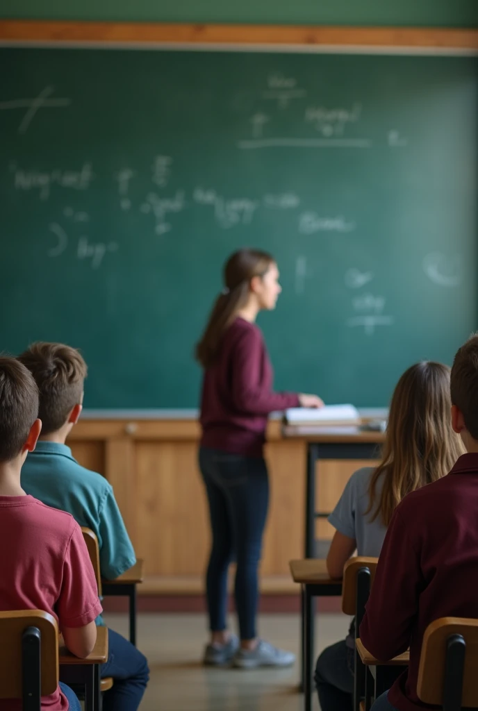 Students in classroom without teacher looking at blackboard, realistic effect