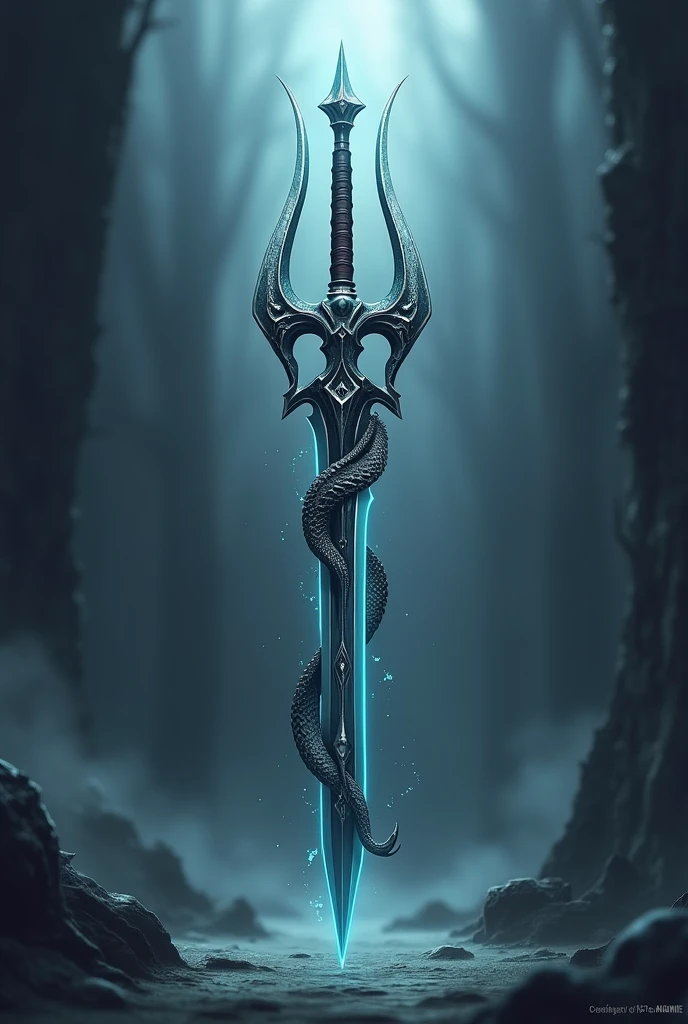 Create an image of the spear-like weapon, a bident of Hades in the anime blood of zeus, but forked with only two blades on top and one on the bottom, similar to a spear, with two edges made of damascus steel with a dragon design