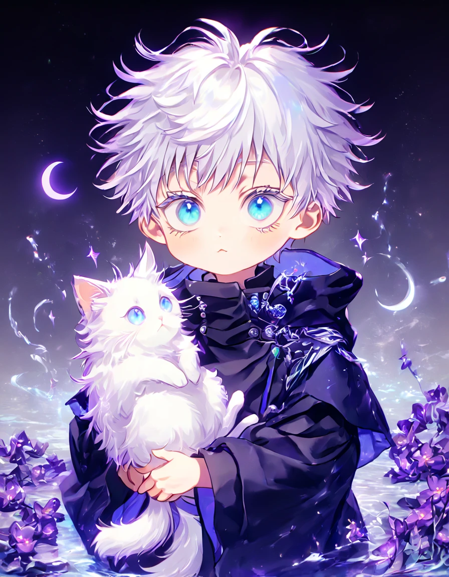 absurdres, highres, ultra detailed, HDR, master piece, Gojou Satoru as a little kid, white hair with bangs, white eyelashes, expressive blue eyes, black clothes, Jujutsu Kaisen, holding a white fluffy cat, cute boy, adorable, best quality, purple glittering crescent moon, purple flowers, fantasy, magical, solo, water, purple shining fireflies, purple petals, purple fire,