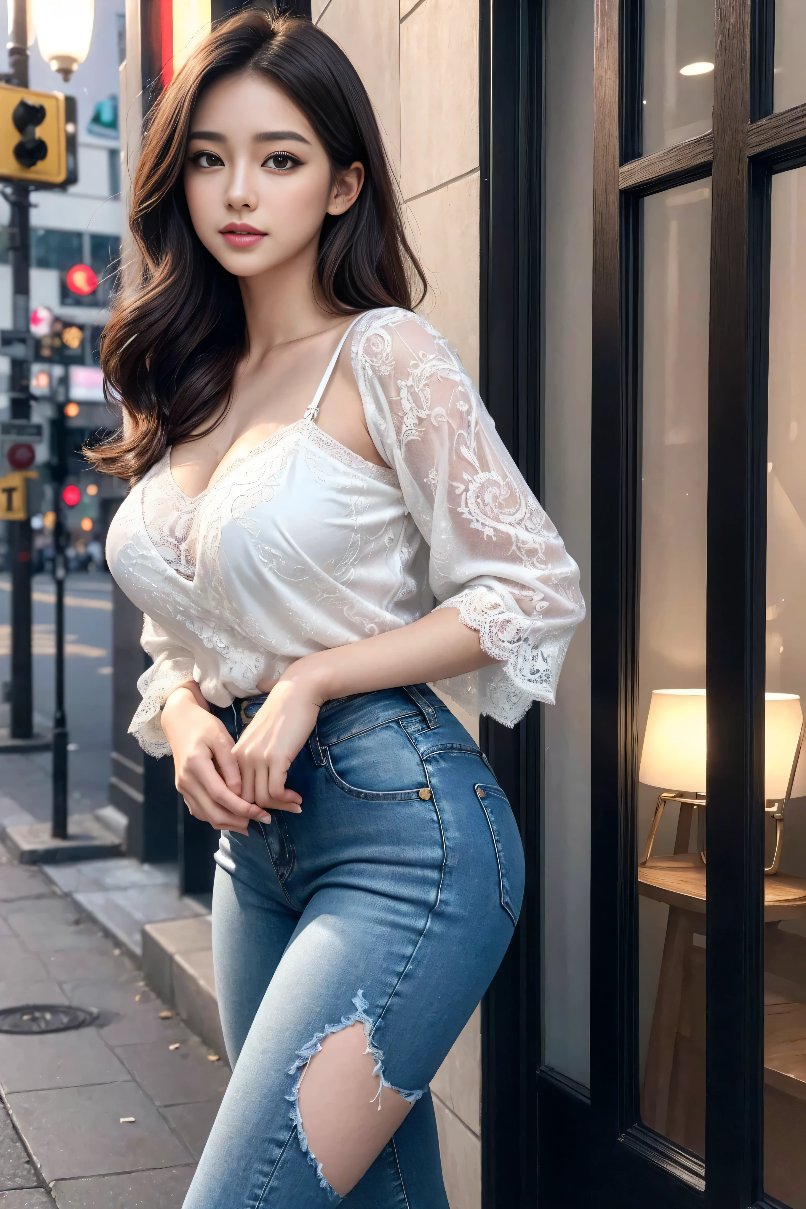 ((Realistic lighting, best quality, 8K, masterpiece:1.3)), Focus:1.2, 1 big breasted girl, Beautiful woman with perfect body:1.4, : Beautiful Korean girl, Korean pop idol,Leg length,(Fair skin), (big eyes),(Smile:0.8),(Plump and sexy lips), Delicate face, ((Ultra-delicate skin)),Delicate face,Ultra-thin face,exquisite eye,Double eyelids,((Dark Brown Curly Hair)), (White lace underwear:1.4),(Lure,at night:1.1),Background Shibuya street,emphasize,Ultra-thin face,exquisite eye,Double eyelids,(Start from below:1.3), Sexy pose,(Mid-chest:1.2),Sexy long legs, (Thigh gap:1.5),Wide hips,S-Shaped Body, Hips lifted,Leg length,Skinny jeans,Frontal Shot,Over-the-knee leather boots,