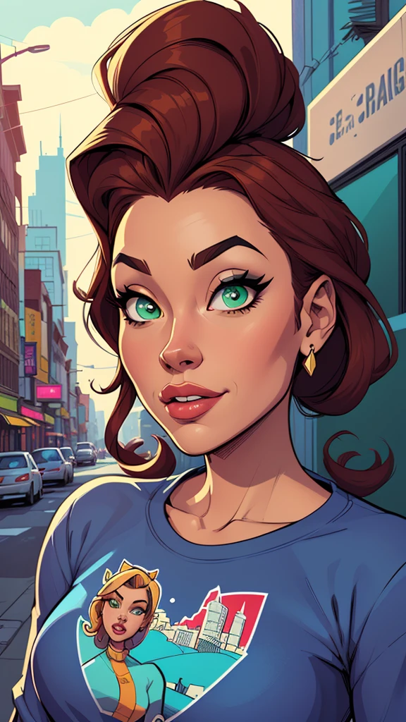 Turnaround sheet Cartoon image of a woman .cartoon style illustration, cartoon art style, cartoon art style, digital illustration style, highly detailed character design, cute detailed digital art, City fan art, Portrait Character Design, beautiful digital illustration, high-quality portrait, comic book art, young woman. Green eyes Medium and wonderful Buso Alleyne - Queen's Blade