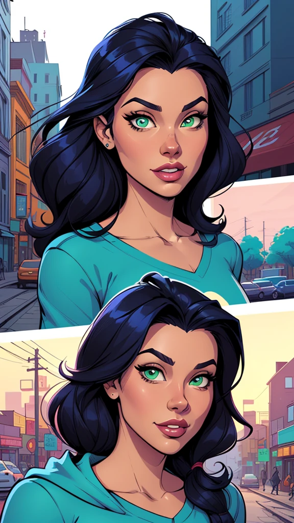 Turnaround sheet Cartoon image of a woman .cartoon style illustration, cartoon art style, cartoon art style, digital illustration style, highly detailed character design, cute detailed digital art, City fan art, Portrait Character Design, beautiful digital illustration, high-quality portrait, comic book art, young woman. Green eyes Medium and wonderful Buso Alleyne - Queen&#39;s Blade