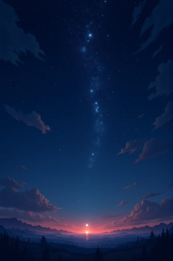 a starry night (dark blue sky above fading to slightly lighter blue below, with pink and red) with thousands of stars, one in the middle shining a little brighter and standing out from the others.