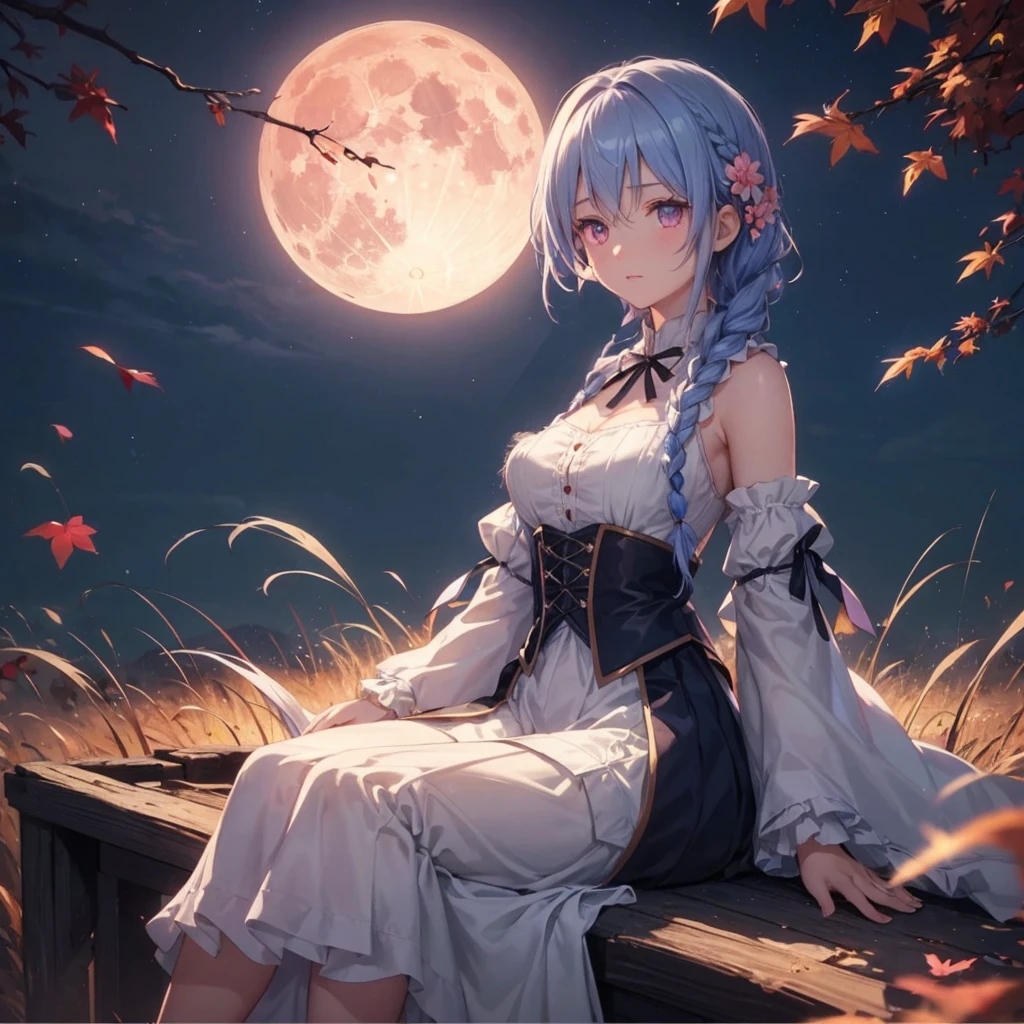 (Braiding),(Sky blue medium hair), (Pink eyes),(Fair skin)  ,(whole body),(One Girl),(harvest moon),(A large amount of Miscanthus sinensis in the background),autumn,(full moon),(masterpiece, Highest quality, Very detailed, Best Shadow), (Detailed Background), (Beautifully detailed face), High Contrast, (Best lighting, Very delicate and beautiful), ((Cinematic Light)), Hyper Detail,8k, Dramatic Light, Intricate details,Maple