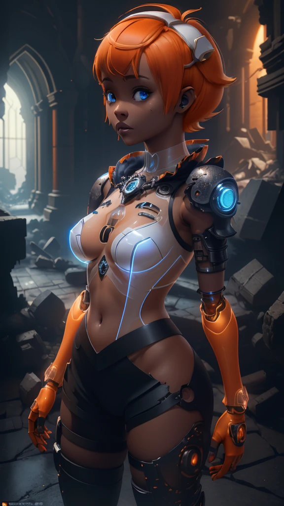 (The best quality,A high resolution,Ultra - detailed,actual),Ariana Grande in a short skirt and a top,( leeloo outfit:1.4) ,(short orange hair :1.4),(dark ebony skin:1.4),(Ruined dungeon ruins background:1.4 ), LEELOO, (realistic anime 3 d style:1.4) , photorealistic anime girl render, Anime styled 3d, 3 d anime realistic, 3 d character art, 3d anime girl, 8K high quality detailed art, Anime style. 8k, Artgerm ; 3d unreal engine, ,(Ruined dungeon ruins background:1.4 ),( Perfect anatomy :1.4),( cowboy pose :1.4), (short orange cyborg plastic transparent :1.4), (top white cyborg plastic transparent :1.4),( cinematic lighting :1.4), (Ariana Grande :1.4), (Ariana Grande :V2.5), More detailed 8K.unreal engine:1.4,UHD,La Best Quality:1.4, photorealistic:1.4, skin texture:1.4, masterpiece:1.8,first work, Best Quality,object object], (detailed face features:1.3),(The correct proportions),(Beautiful blue eyes),  (cowboy pose), (dark ebony skin:1.4)