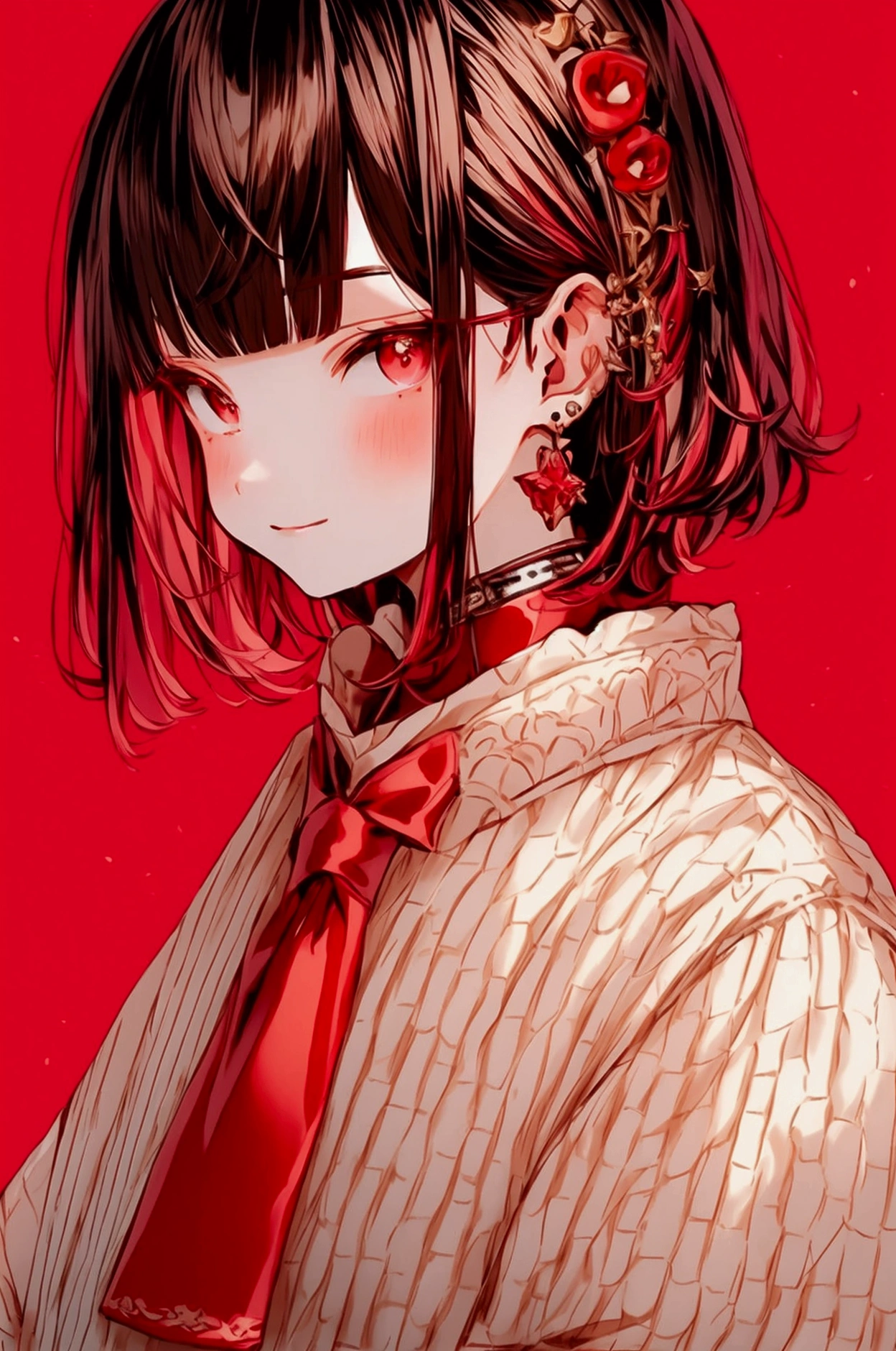 juvenile。Hair style is mushroom cut。Hair color is light brown hair。Her eyes are a beautiful ruby red。He is wearing a stylish white outfit and a red tie.。He is a member of a singing group.。A bright and cheerful smile。