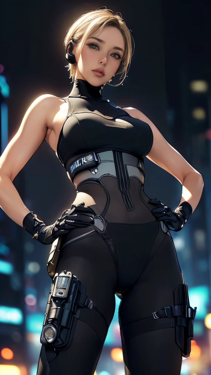 (A woman),(((Future female police officer standing))),((Black Tactical Tights:1.5)),((Camel toe:1.5)),((earphone:1.5)),((Tactical Holster:1.5)),(Gloves:1.5),(((Hands on hips:1.5))),(front:1.5),(From below:1.2),(Super short hair:1.5),(Blonde:1.5),(beautiful eyes:1.3),(Very detailedな顔:1.5),((Very detailedな女性の手の描画:1.5)),((muscular:1.5)),(Sexy look:1.5),((Thick thighs:1.5)),(Beautiful Body:1.5),((Very sensual:1.5)),(The backdrop is a futuristic city:1.5),(Cyberpunk atmosphere:1.5),(((Blurred background:1.5))),(Written border depth:1.5),rest(((masterpiece:1.5),(best quality:1.5),(Very detailed:1.5),(high resolution:1.5),(Practical:1.5),(Practical:1.5),(Delicate depiction),(carefully drawn))),8K,wallpaper