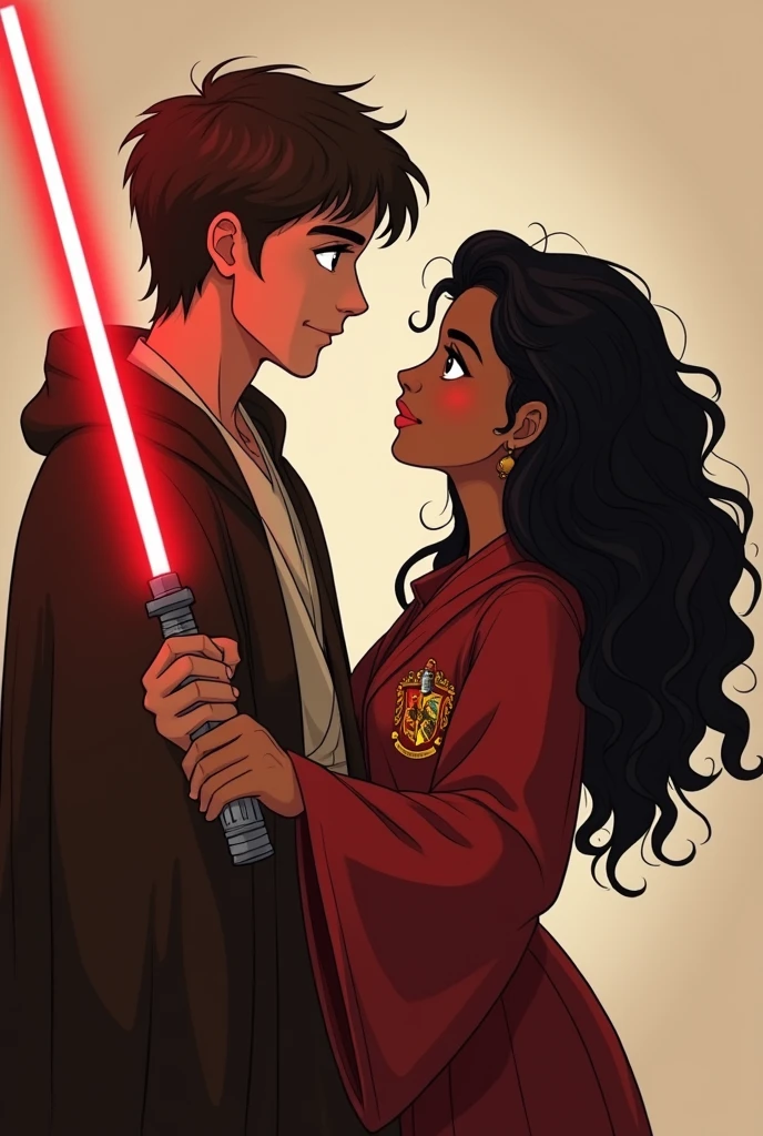 couple of man and woman where the man is dressed as a jedi with a red lightsaber in his hand and the woman has light brown skin, black curly hair and dressed in Gryffindor clothes. They're looking at each other. style cartoon