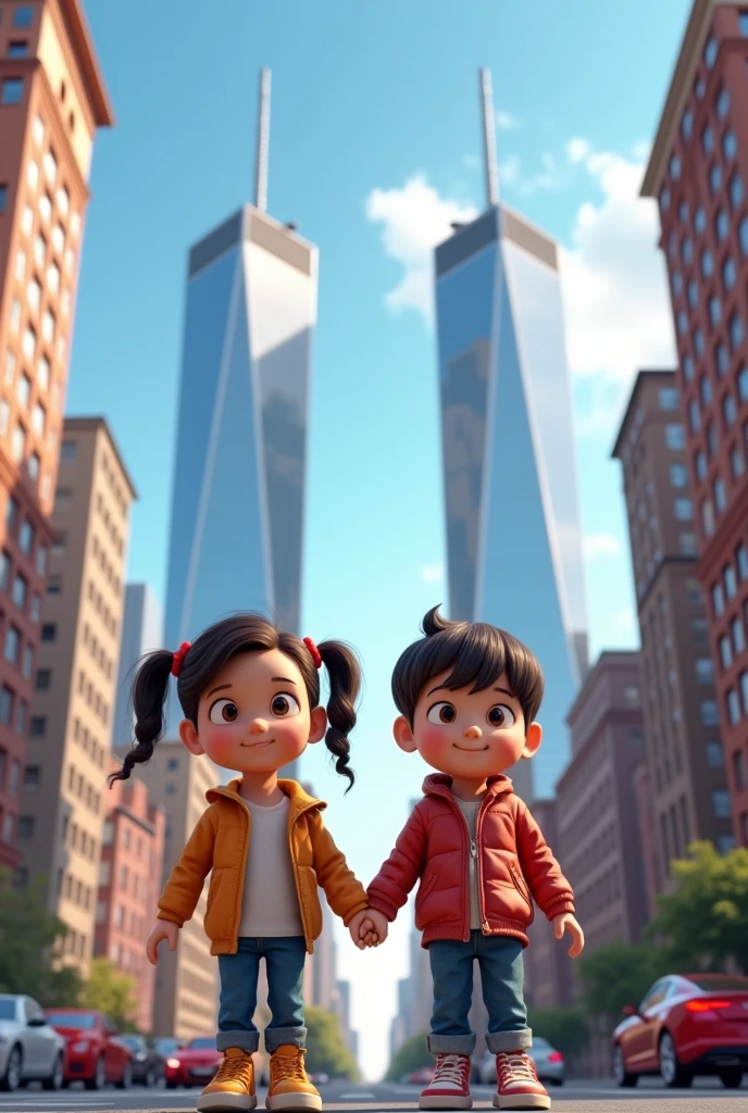 A Boy and a Girl with in the city of USA with the World Trade Center twin towers in the background 3D Animation 