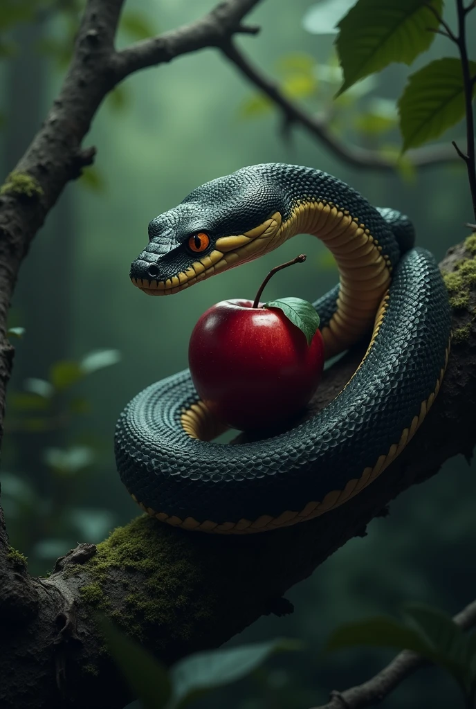 big snake around a red apple on a tree branch in a dark forest