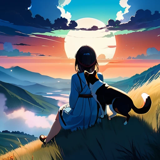 anime landscape of a girl＆cute corgidog sitting on a hill with grasses with dark blue clouds, blue cere madder sky  lightly big bell   with few clouds, anime nature wallpapers, beautiful anime scene, beautiful anime peace scene, Makoto Shinkai Cyril Rolando, beautiful scene of anime, amazing wallpaper, anime art wallpaper 8k, anime background, art anime background, anime 4k wallpaper, anime art 4k wallpaper, anime art 4k wallpaper,  prayer of requiem  prayer of requiem