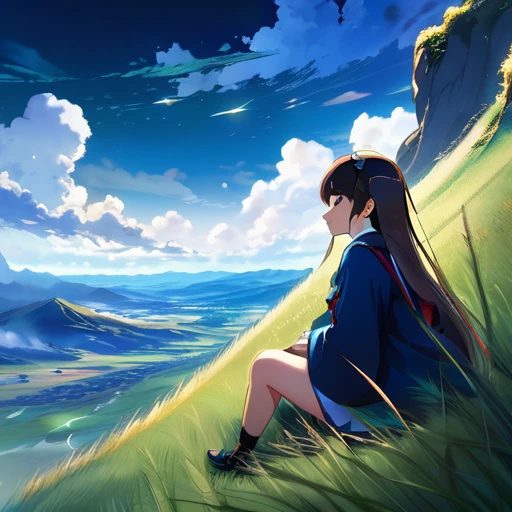 anime landscape of a girl&cute corgidog sitting on a hill with grasses with dark blue clouds, blue cere madder sky lightly big bell with few clouds, anime nature wallpapers, beautiful anime scene, beautiful anime peace scene, Makoto Shinkai Cyril Rolando, beautiful scene of anime, amazing wallpaper, anime art wallpaper 8k, anime background, art anime background, anime 4k wallpaper, anime art 4k wallpaper, anime art 4k wallpaper, prayer of requiem prayer of requiem