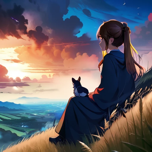 anime landscape of a girl&cute corgidog sitting on a hill with grasses with dark blue clouds, blue cere madder sky lightly big bell with few clouds, anime nature wallpapers, beautiful anime scene, beautiful anime peace scene, Makoto Shinkai Cyril Rolando, beautiful scene of anime, amazing wallpaper, anime art wallpaper 8k, anime background, art anime background, anime 4k wallpaper, anime art 4k wallpaper, anime art 4k wallpaper, prayer of requiem prayer of requiem