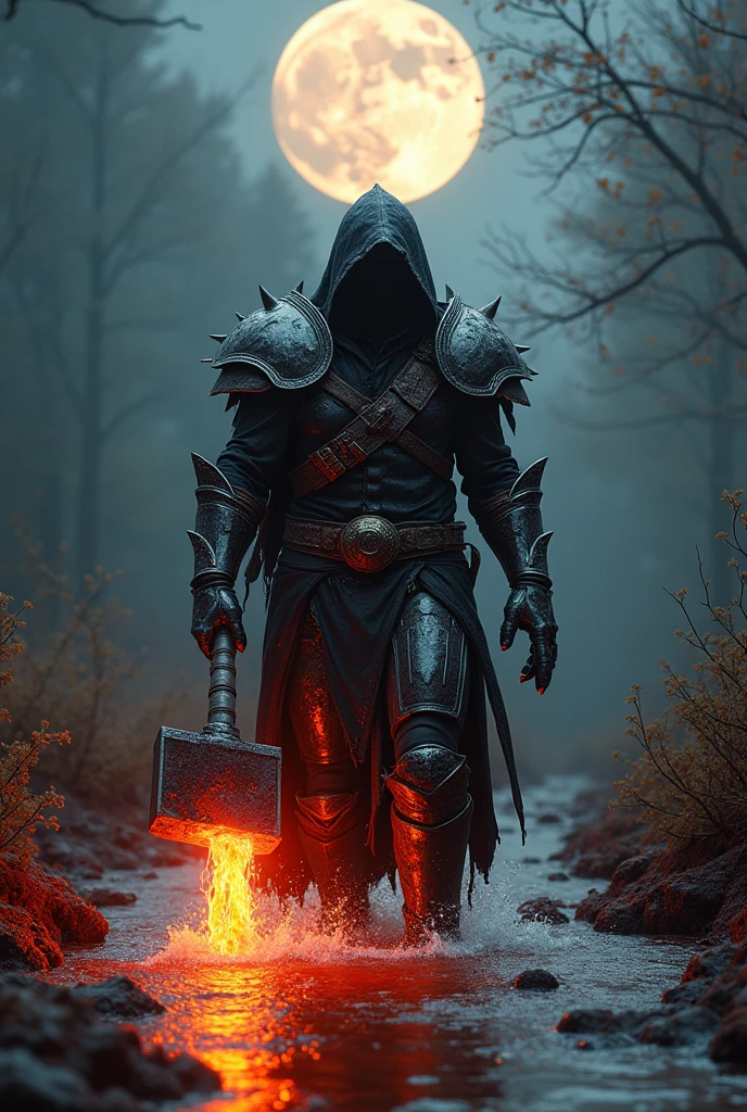 Creature in Black and wite arcane armor holding a sledgehammer with lava and walking in a river of red water and the moon illuminating the environment and many bushes and drops of water on the arcane armor and details in the background