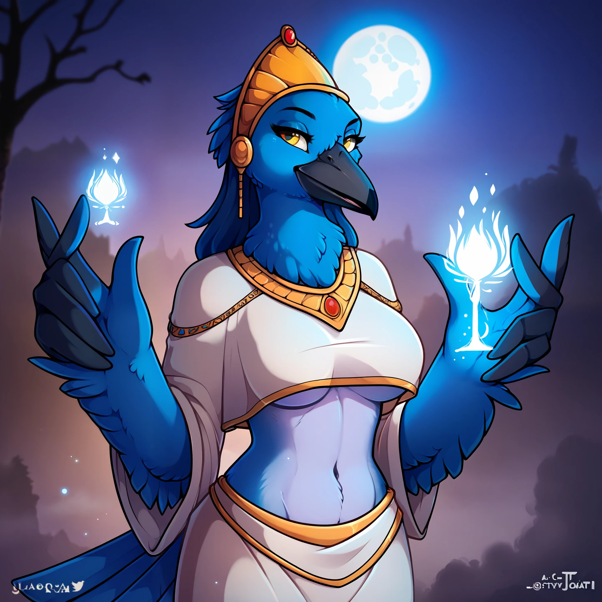 uploaded on e621, (evangellos,teranen), vivid color, corvid, ruin, fog, night moon, female, yellow eyes, furry, white clothes, white robe, midriff, golden headdress tiarat, magic user, two-tone skin , blue and white body, blue long hair, anthro, bird, blue wings, black beak, bill, blue feather, large breasts, underboobs, birdlegs, birdfeets, birdhands, claws, hips, (Blue Raven Corvid 1.1), seductive pose, score_9, score_8_up, score_7_up, score_6_up, score_5_up, close-up, upper_body,