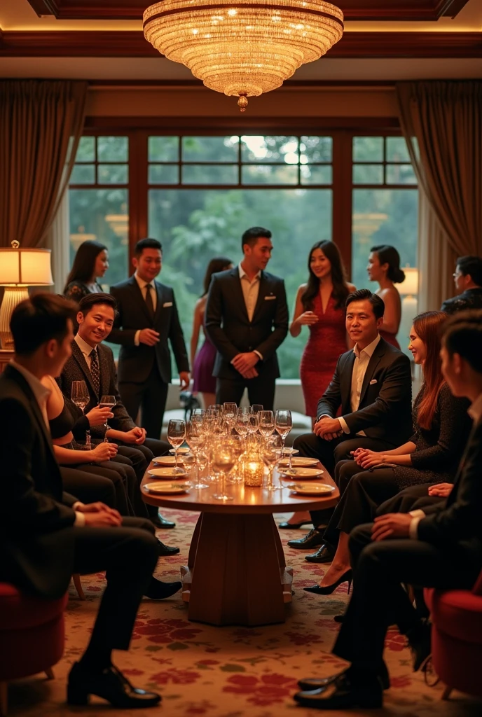A group of fashionable people，Chinese，Parties，In the villa living room，evening，reunion，Reception，wine，Wine Tasting，Suit，High heel（Rich details），（Best quality），Film Style