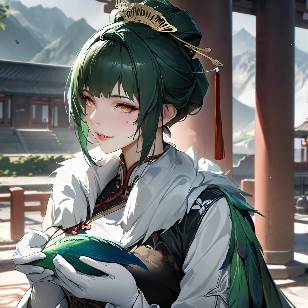 A woman wearing a traditional yellow Chinese uniform, long sleeves with peacock feathers, wearing a white fur cape, a green hairspray in both hands, standing in a large courtyard with traditional Chinese aesthetics, pillars in the distance, mountains in the background, place during the day, green hair, tied up hair, orange eyes, smiling, perfect face, perfect lips, Punishing_Gray_raven, Hanying. UHD, masterpiece, accurate, anatomically correct, textured skin, super detail, high quality, best quality, 8k, high resolution, bokeh effect.(solo woman),white gloves, realistic, close view.

