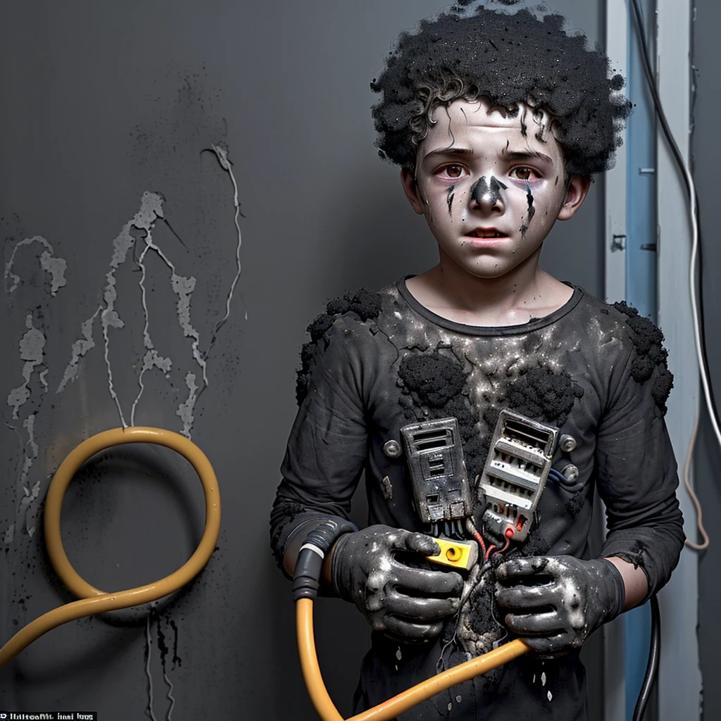 A boy gets electrocuted and covered in soot after trying to fix a broken electrical cord and failing