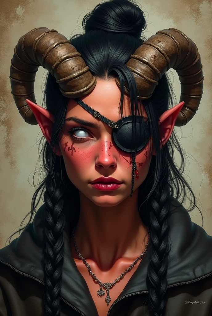 ((Medieval)), Female tiefling, reddish skin, ram&#39;s horn, broken left horn, black hair, Hair tied in a ponytail, hair shaved on the sides, two braids on either side of the bangs, white eyes without stubble, eye patch on left side, scar under eye patch, scar on lips on right side, 
