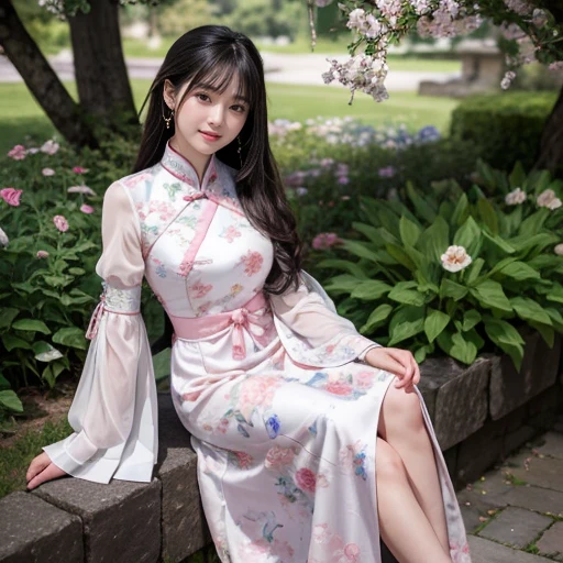 best quality, Delicate face，beautiful visual work, lifelike,  eternity, black hair, Long curly hair, blunt bangs, Smile, In the flower garden, flower, Detailed Background,  Delicate face，pink blush，cold，((masterpiece))、(top quality)、8k、high detail、Super detailed，21 years old female，Wearing Chinese cheongsam、Seductive and whimsical style、masterpiece、born、Scenes resembling fairy tale illustrations、Intricate details and complex designs、Beautifully、magic、capricious、 Beautifully、Dream aesthetics、「𝓡𝓸𝓶𝓪𝓷𝓽𝓲𝓬、ethereal、charming、fickle、magic」、Realism、Visual effects、FXAA、SSAO、Shaders、voiceless、ambient lighting、Tone mapping、High resolution、Ultra high quality、Million pixels、(8K resolution:1.10)、8k、Below 8K、8K resolution、high detail、intricate details， (high quality:1.2、masterpiece:1.2、:1.21)、(21 years old female:1.21)、(Smile excitedly)、(Surrounded by the dreamy atmosphere、Model diagram，full-body shot，Normal 2 feet，Don't show your fingers，The fan is unfolded under the chin