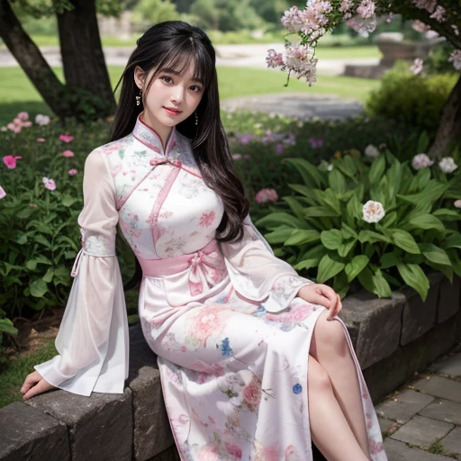 best quality, Delicate face,beautiful visual work, lifelike, eternity, black hair, Long curly hair, blunt bangs, Smile, In the flower garden, flower, Detailed Background, Delicate face,pink blush,cold,((masterpiece))、(top quality)、8k、high detail、Super detailed,21 years old female,Wearing Chinese cheongsam、Seductive and whimsical style、masterpiece、born、Scenes resembling fairy tale illustrations、Intricate details and complex designs、Beautifully、magic、capricious、 Beautifully、Dream aesthetics、「𝓡𝓸𝓶𝓪𝓷𝓽𝓲𝓬、ethereal、charming、fickle、magic」、Realism、Visual effects、FXAA、SSAO、Shaders、voiceless、ambient lighting、Tone mapping、High resolution、Ultra high quality、Million pixels、(8K resolution:1.10)、8k、Below 8K、8K resolution、high detail、intricate details, (high quality:1.2、masterpiece:1.2、:1.21)、(21 years old female:1.21)、(Smile excitedly)、(Surrounded by the dreamy atmosphere、Model diagram,full-body shot,Normal 2 feet,Don't show your fingers,The fan is unfolded under the chin