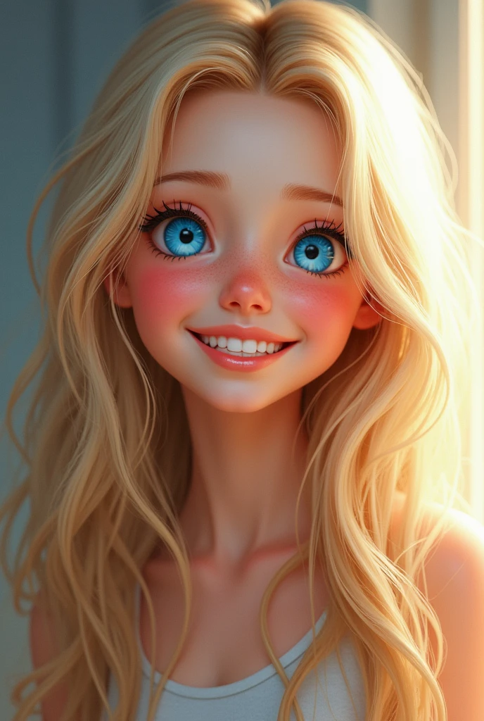 girl with long blonde hair, blue eyes, pale complexion and smiling