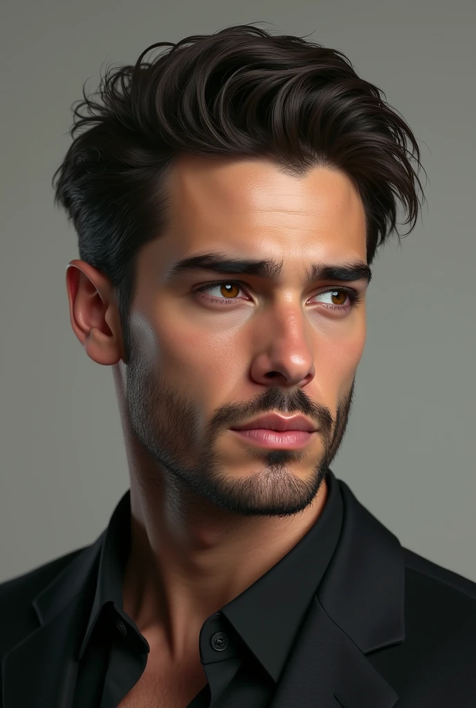 Handsome white man, Shaved beard, light brown eyes, dark brown wavy hair, similar to Theo James, with an unsympathetic appearance