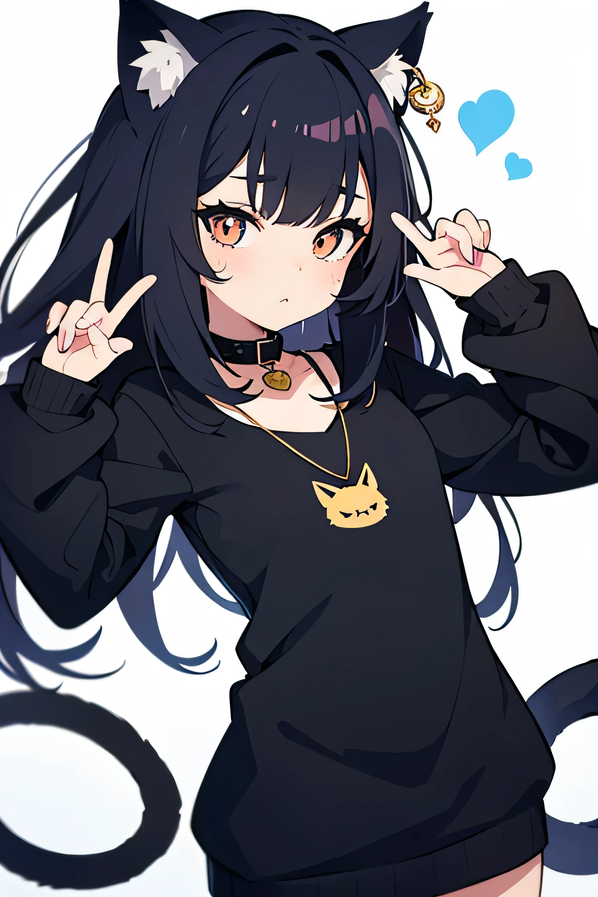 "Create a cute 2D character that is a mix of human and cat. Give her pointy cat ears, a bushy tail and large, expressive eyes with feline pupils. She must have a little kitty nose, slightly rounded cheeks, and be covered in a soft, colorful coat, like a Siamese or Persian cat. Dress her up in a cozy sweater and add little details, like a collar with a fish-shaped pendant, to further enhance its feline cuteness."