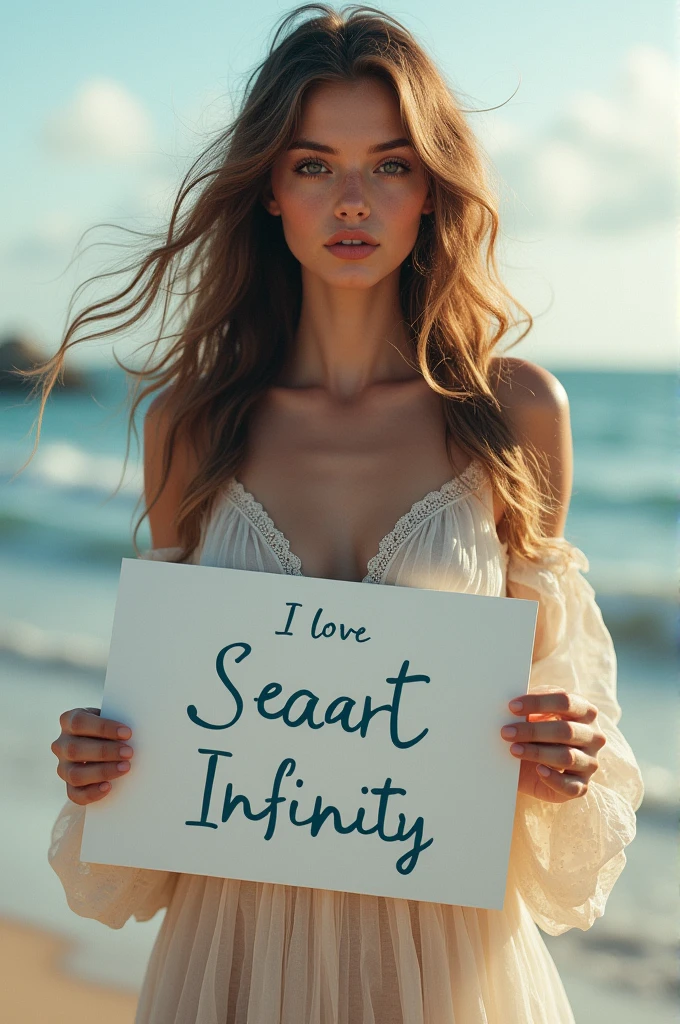 Beautiful girl with wavy long hair, bohemian dress, holding a white board with text "I Love Seaart Infinity" and showing it to the viewer