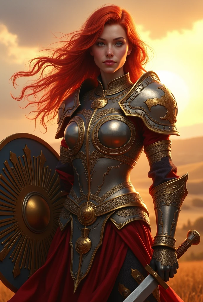 strong woman with red hair of the cleric paladin class with armor shield with sun crest