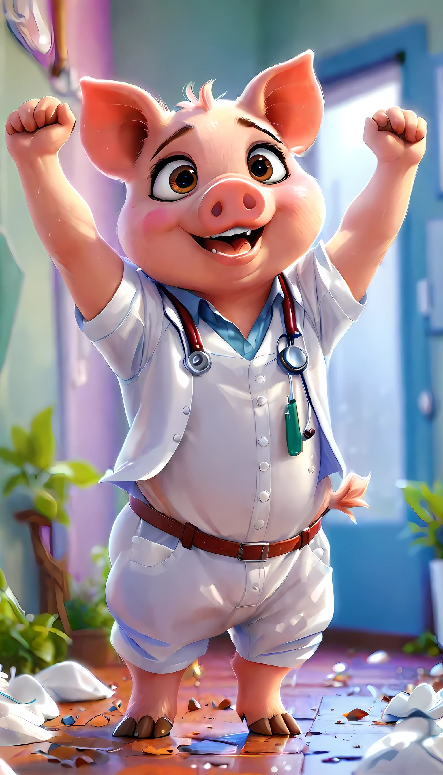 cute pig, cartoon , arms, hands, background, doctor clothes, clean