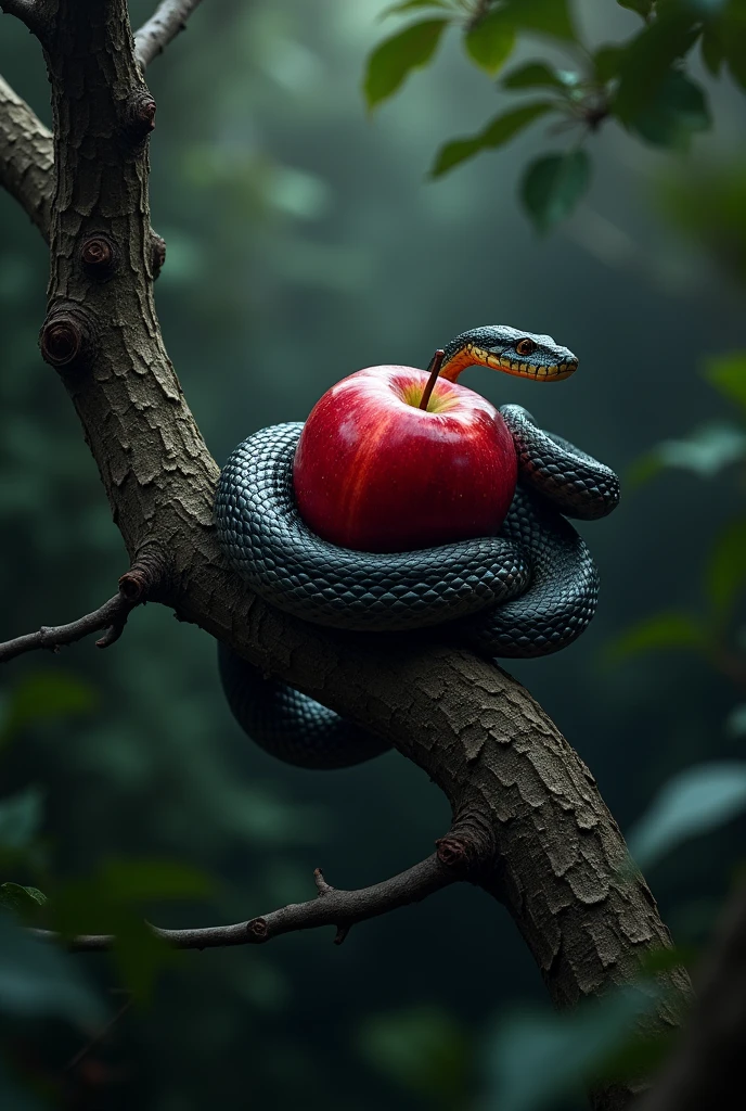 big snake around a red apple on a tree branch in a dark forest