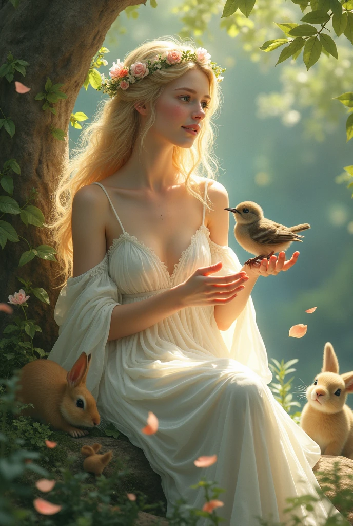 A greek boy god with pretty blonde hair with flower crown with long white dress pink cheeks rosy lips and blue green eyes with brunette hair talking to animals