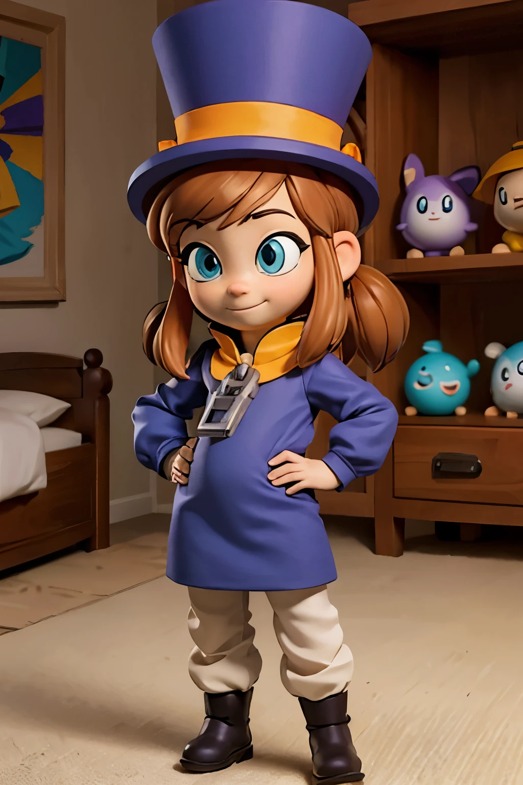 hkdef, blue colored eyes, chestnut hair, purple dress, White pants, booties, top hats, yellow cover, zipper, looking ahead at viewer, smiling, full body shot shot, standing, hands on hips, por dentro, Room, big bed, stele, high qualiy, work of art,  