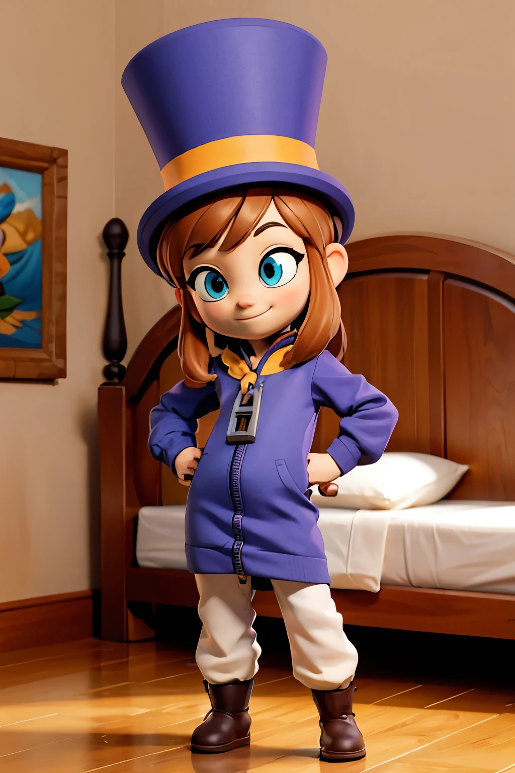 hkdef, blue colored eyes, chestnut hair, purple dress, White pants, booties, top hats, yellow cover, zipper, looking ahead at viewer, smiling, full body shot shot, standing, hands on hips, por dentro, Room, big bed, stele, high qualiy, work of art,  