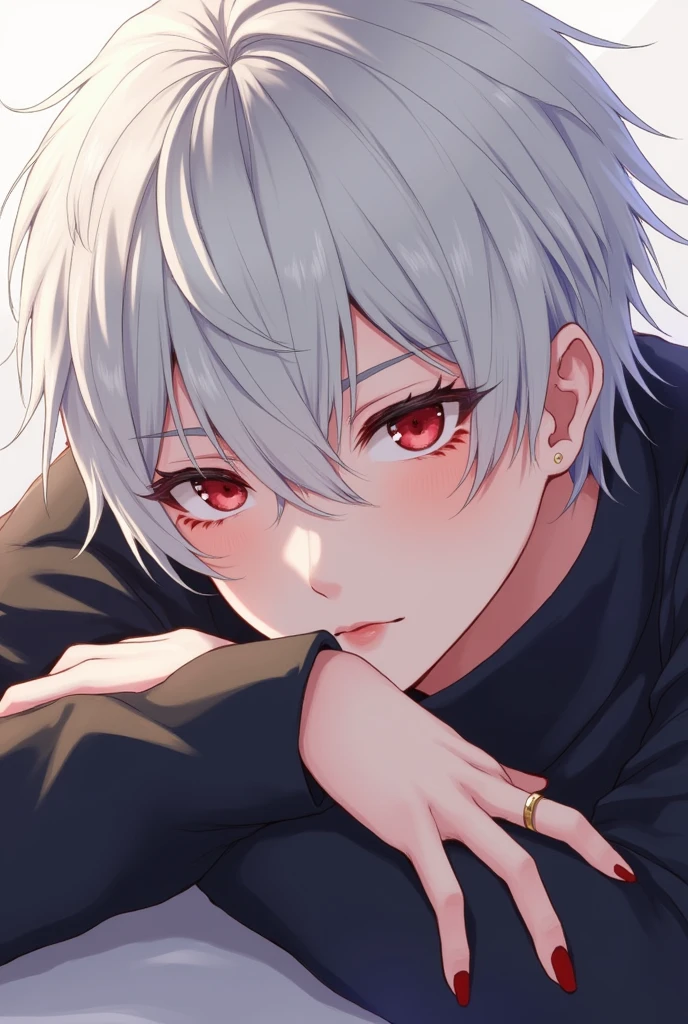 You can make an anime style boy, white hair with red eyes, red lips, a mole near his lip and another near one eye and that he is lying in his arms