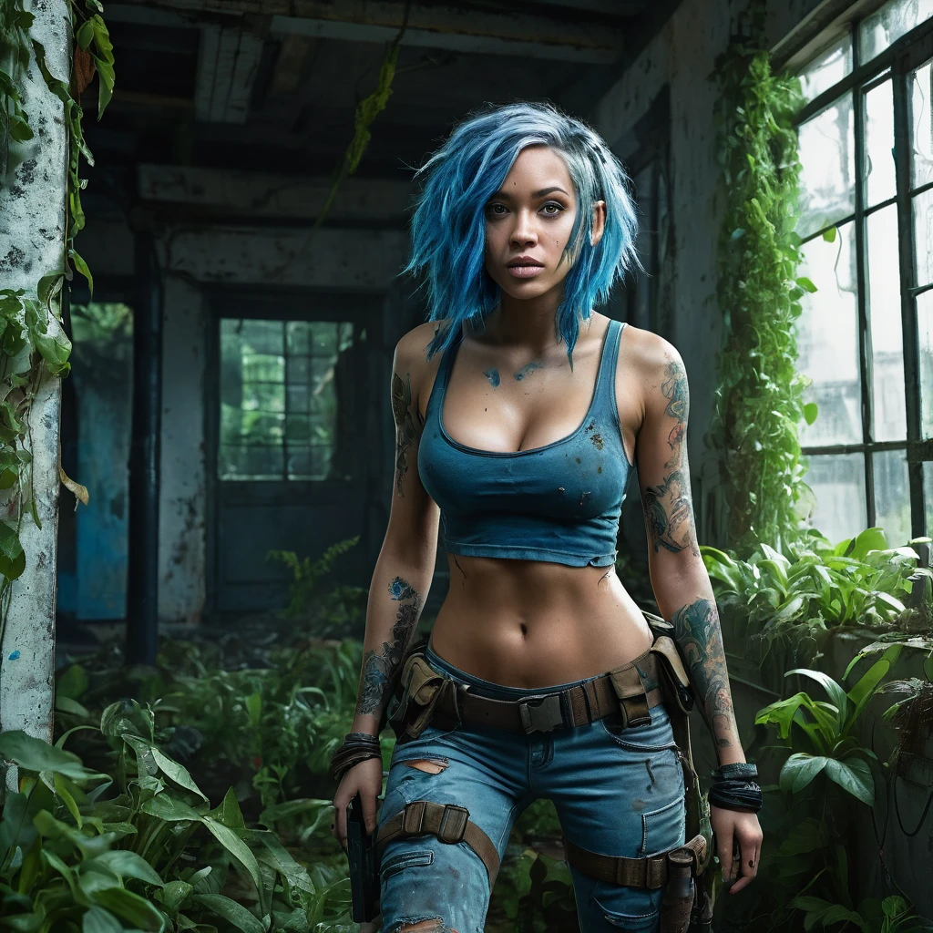 1girl, beautiful biracial woman with blue hair, blue eyes, extremely detailed full body, inside building covered by climbing plants, post-apocalyptic universe, survivor dirty clothes, large breasts, machete on back, run away a zombie infected by mushrooms, (best quality,4k,8k,highres,masterpiece:1.2),ultra-detailed,(realistic,photorealistic,photo-realistic:1.37),concept art,atmospheric lighting,cinematic composition,muted color palette,gritty and grim ambiance