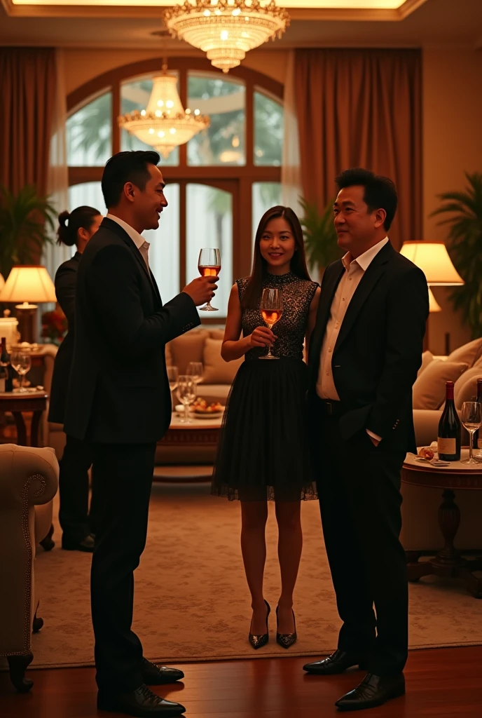 A group of fashionable people，Chinese，Parties，In the villa living room，evening，reunion，Reception，wine，Wine Tasting，Suit，High heel（Rich details），（Best quality），Film Style